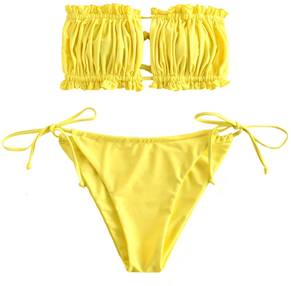 ZAFUL Women's Strapless Ribbed Tie Back Ruffle Cutout Bandeau Bikini Set Swimsuit Apparel & Accessories > Clothing > Swimwear ZAFUL U-yellow Small 