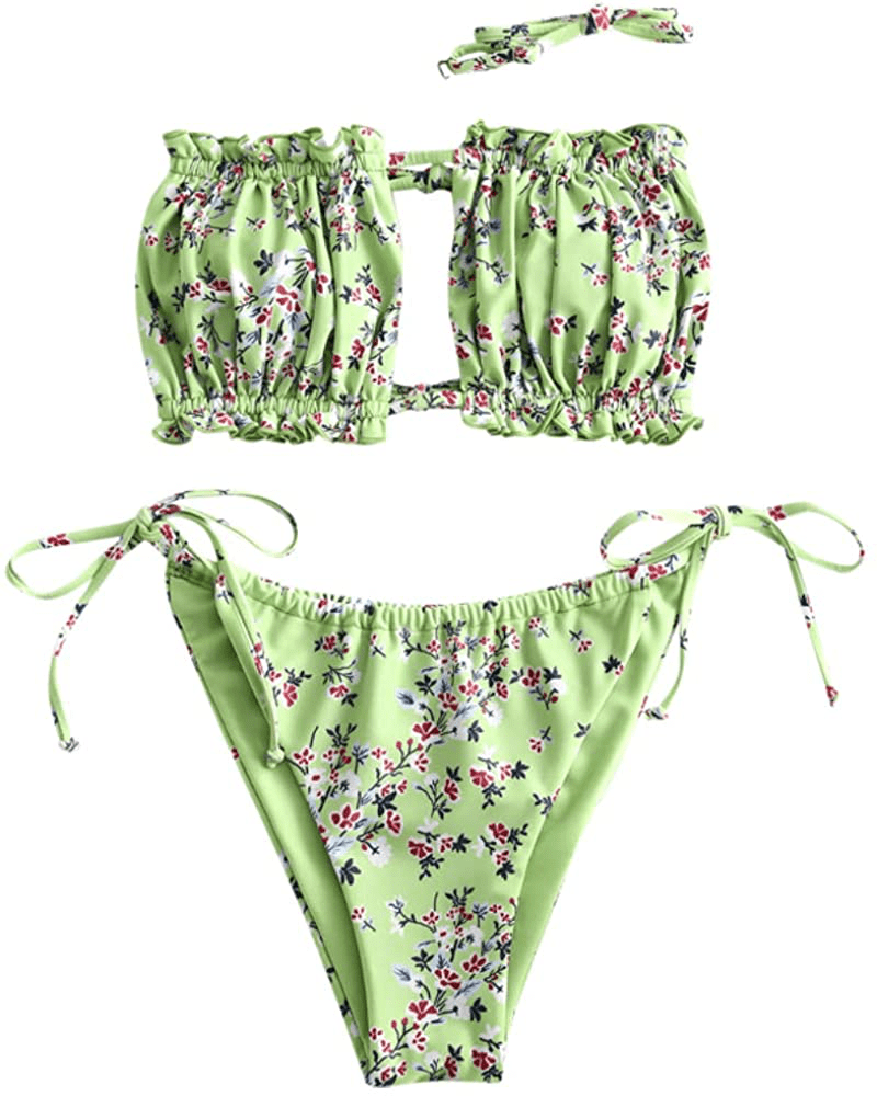 ZAFUL Women's Strapless Ribbed Tie Back Ruffle Cutout Bandeau Bikini Set Swimsuit Apparel & Accessories > Clothing > Swimwear ZAFUL W-light Green Medium 