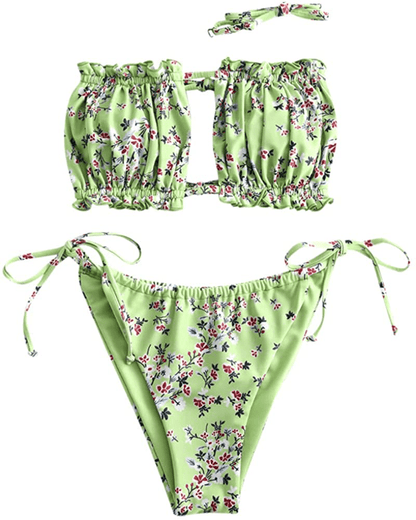 ZAFUL Women's Strapless Ribbed Tie Back Ruffle Cutout Bandeau Bikini Set Swimsuit Apparel & Accessories > Clothing > Swimwear ZAFUL W-light Green Medium 