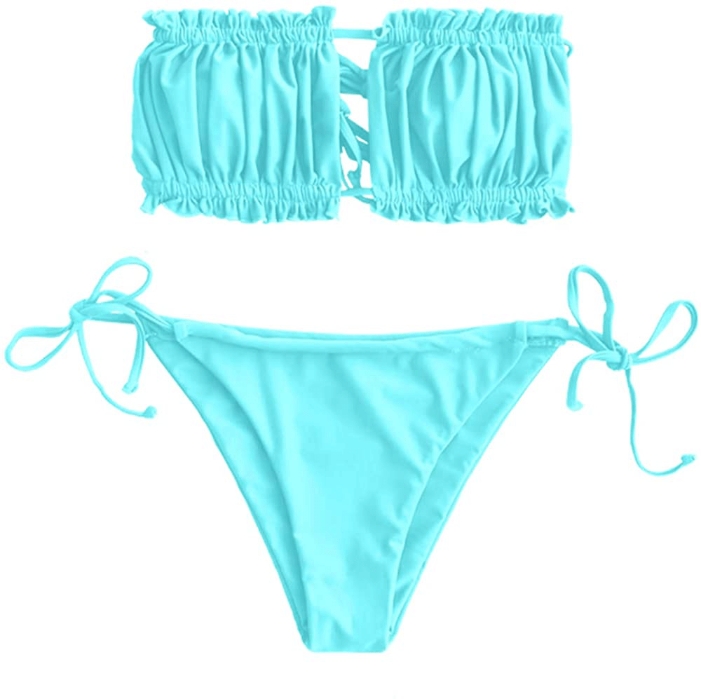 ZAFUL Women's Strapless Ribbed Tie Back Ruffle Cutout Bandeau Bikini Set Swimsuit Apparel & Accessories > Clothing > Swimwear ZAFUL U-celeste Small 