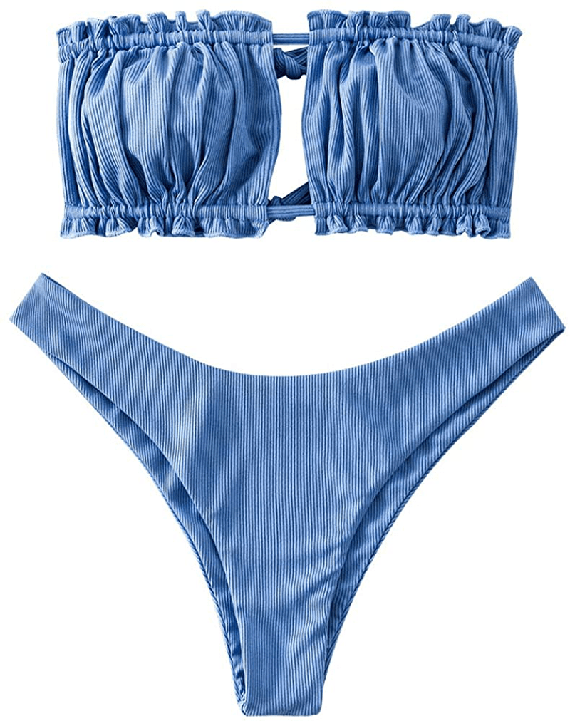 ZAFUL Women's Strapless Ribbed Tie Back Ruffle Cutout Bandeau Bikini Set Swimsuit Apparel & Accessories > Clothing > Swimwear ZAFUL Silk Blue Small 