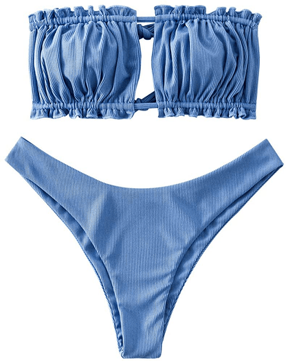 ZAFUL Women's Strapless Ribbed Tie Back Ruffle Cutout Bandeau Bikini Set Swimsuit Apparel & Accessories > Clothing > Swimwear ZAFUL Silk Blue Small 