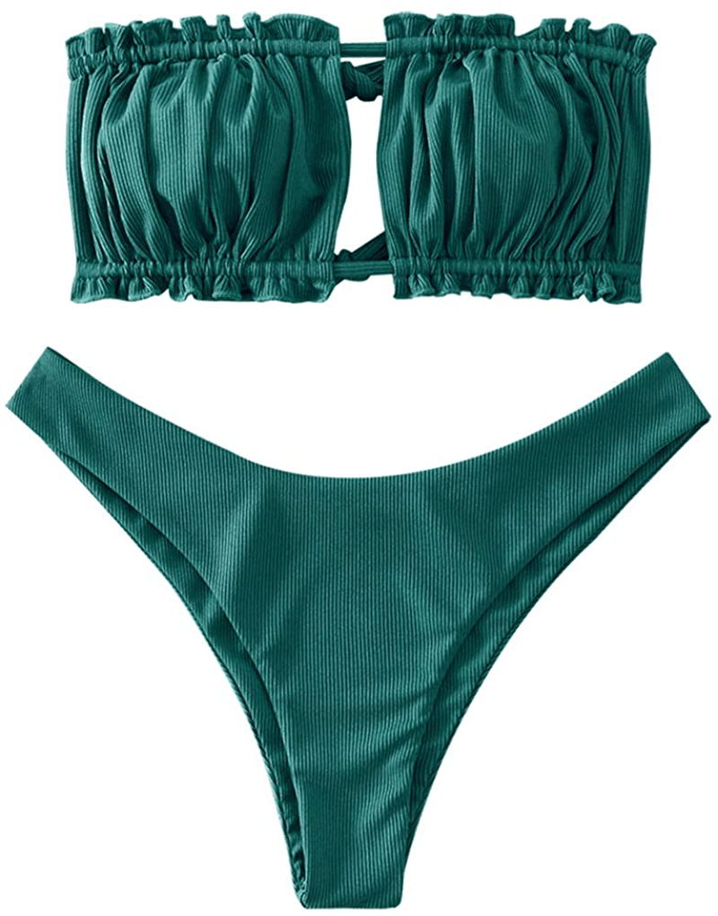 ZAFUL Women's Strapless Ribbed Tie Back Ruffle Cutout Bandeau Bikini Set Swimsuit Apparel & Accessories > Clothing > Swimwear ZAFUL B-peacock Blue Small 