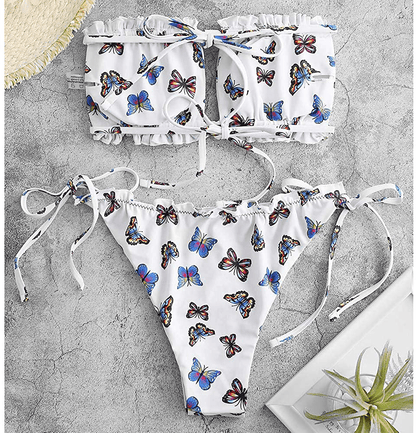ZAFUL Women's Strapless Ribbed Tie Back Ruffle Cutout Bandeau Bikini Set Swimsuit Apparel & Accessories > Clothing > Swimwear ZAFUL   