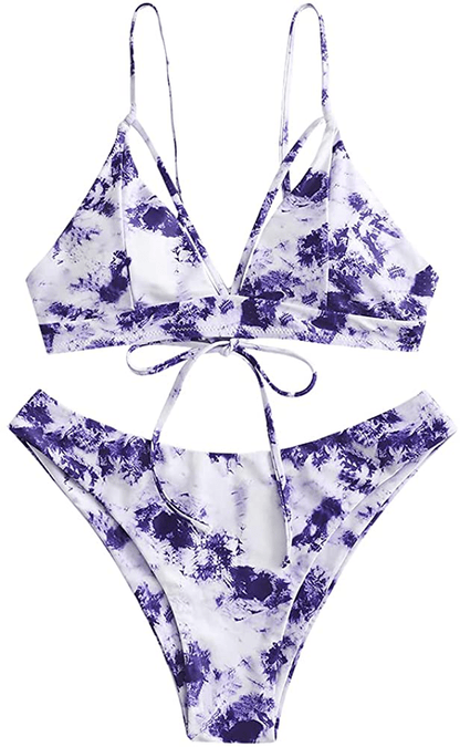 ZAFUL Women's Strappy Lace Up Cut Out High Leg Bikini Set Two Piece Swimsuit Apparel & Accessories > Clothing > Swimwear ZAFUL A-tie Dye4 Small 