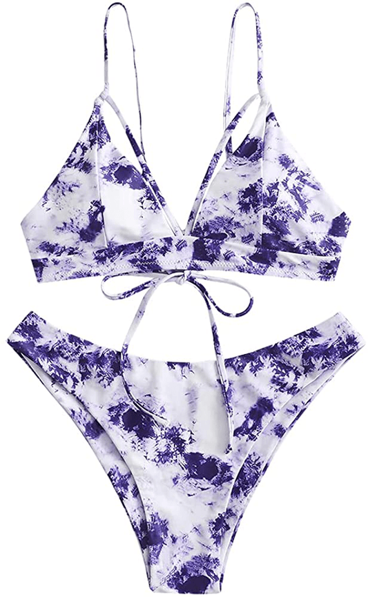 ZAFUL Women's Strappy Lace Up Cut Out High Leg Bikini Set Two Piece Swimsuit Apparel & Accessories > Clothing > Swimwear ZAFUL A-tie Dye4 Small 