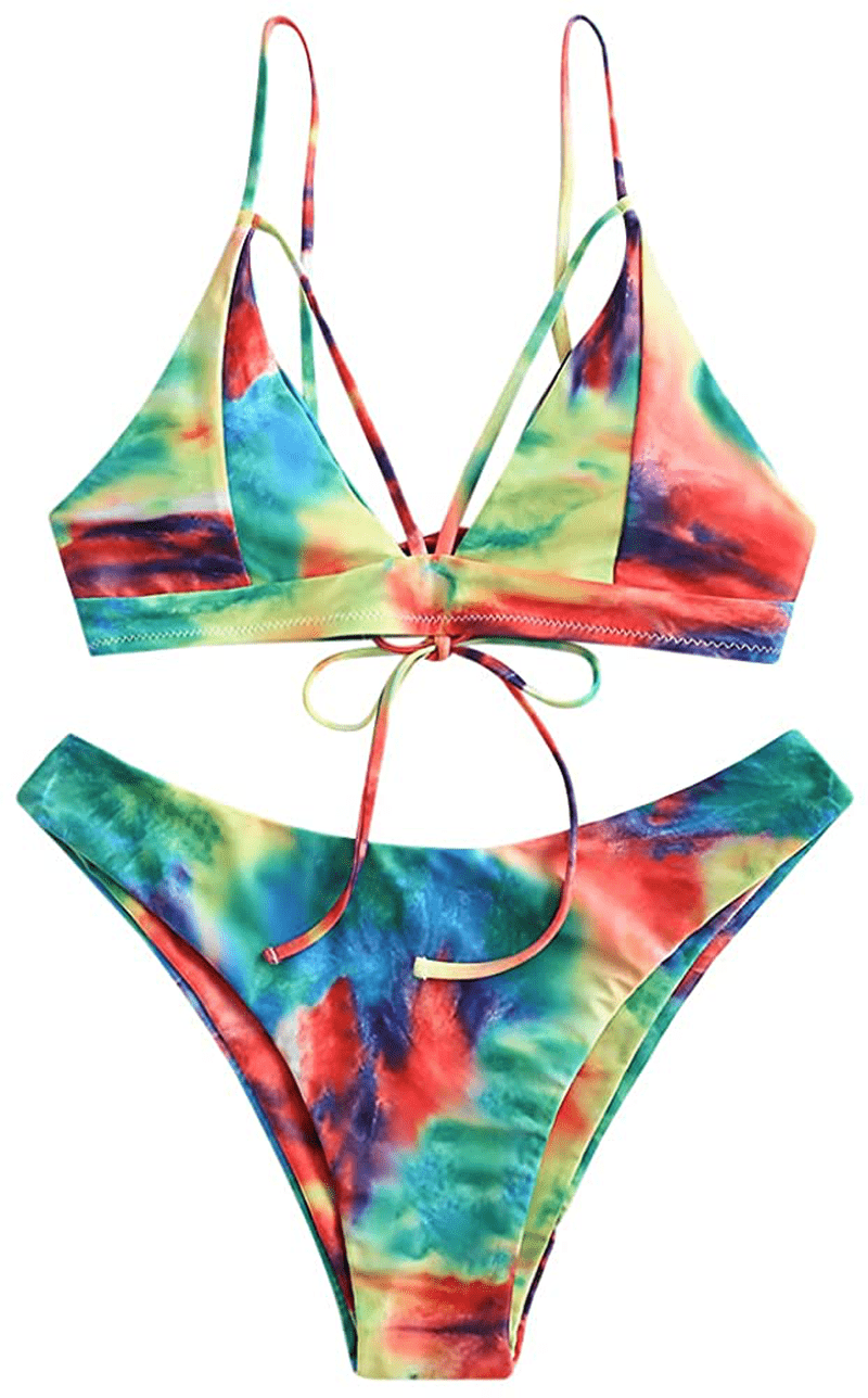 ZAFUL Women's Strappy Lace Up Cut Out High Leg Bikini Set Two Piece Swimsuit Apparel & Accessories > Clothing > Swimwear ZAFUL A-tie Dye5 Small 