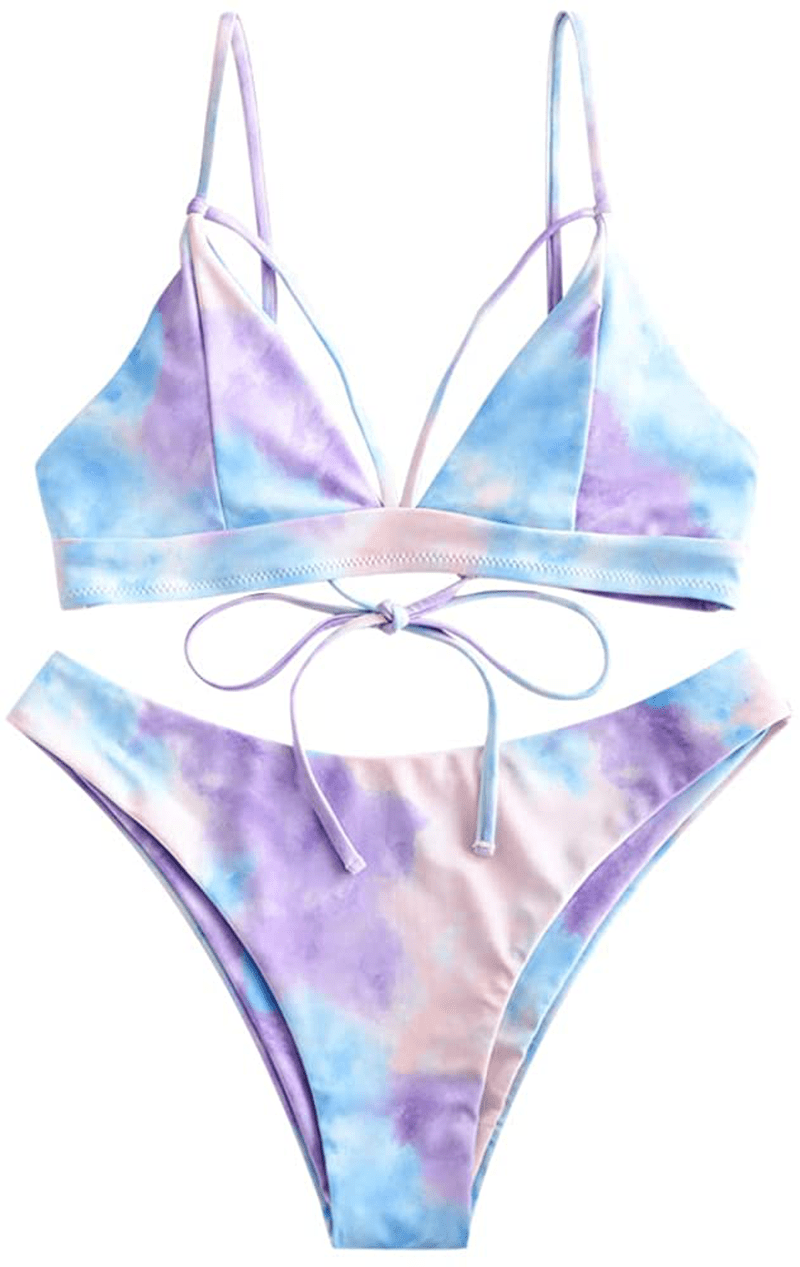 ZAFUL Women's Strappy Lace Up Cut Out High Leg Bikini Set Two Piece Swimsuit Apparel & Accessories > Clothing > Swimwear ZAFUL A-tie Dye Medium 