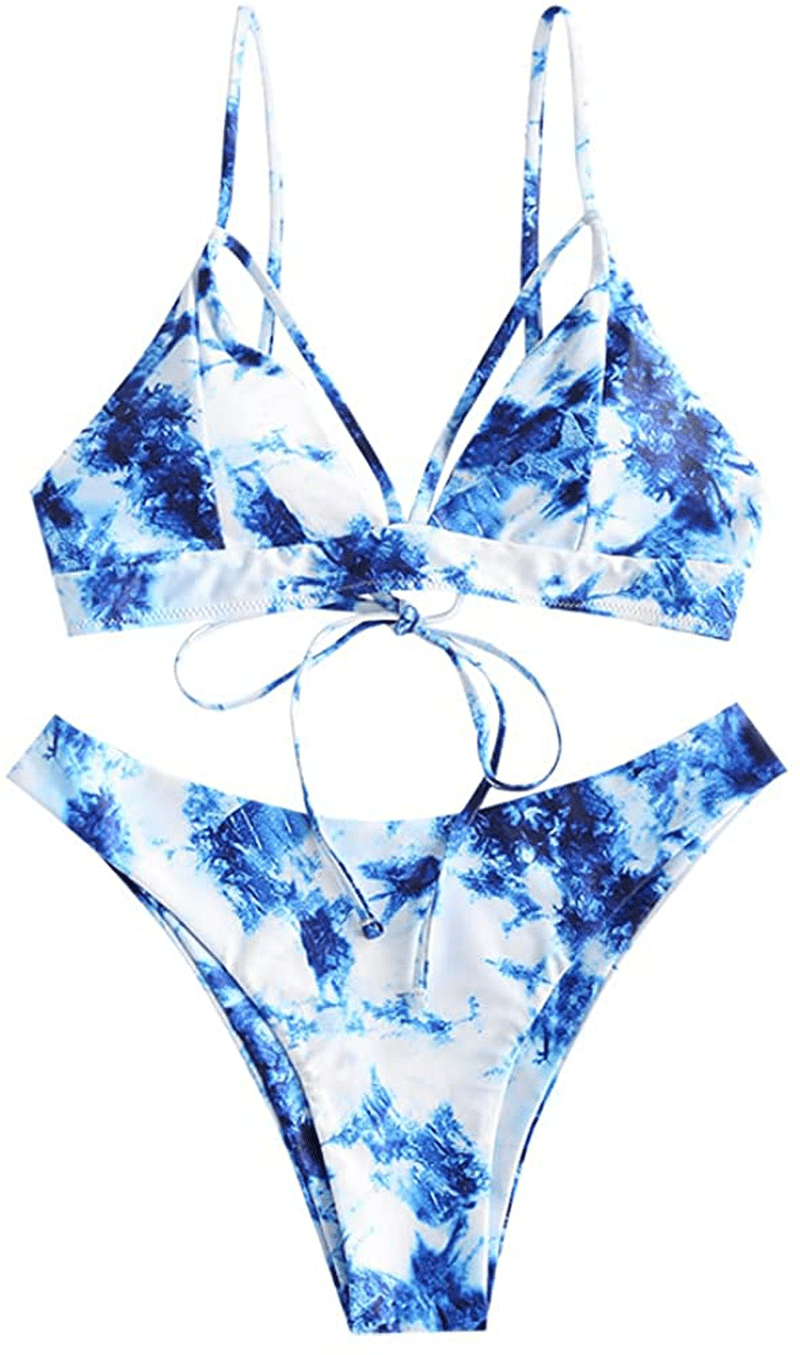 ZAFUL Women's Strappy Lace Up Cut Out High Leg Bikini Set Two Piece Swimsuit Apparel & Accessories > Clothing > Swimwear ZAFUL A-blue Medium 