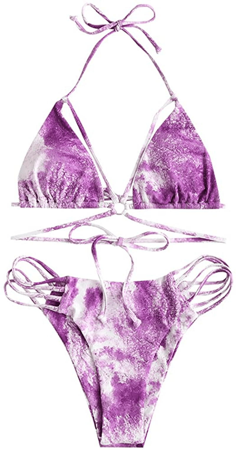 ZAFUL Women's Strappy Lace Up Cut Out High Leg Bikini Set Two Piece Swimsuit Apparel & Accessories > Clothing > Swimwear ZAFUL I-light Purple Large 