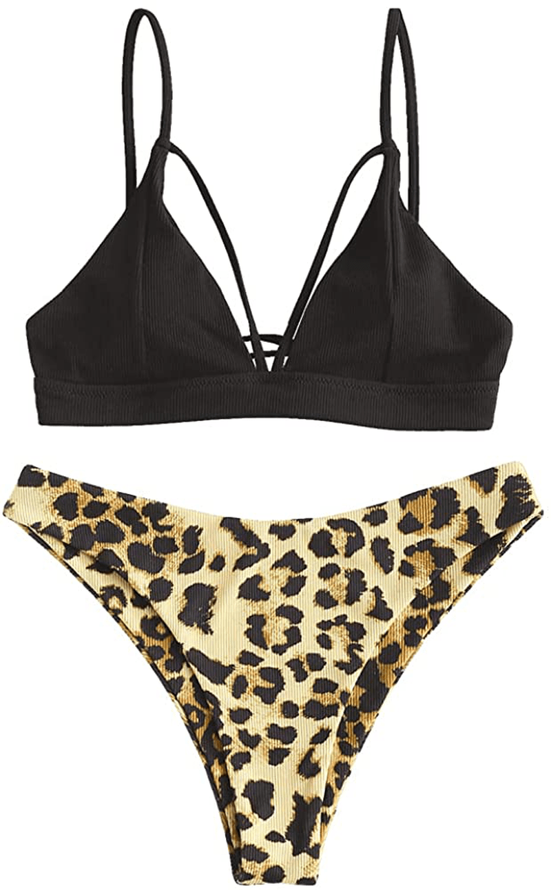ZAFUL Women's Strappy Lace Up Cut Out High Leg Bikini Set Two Piece Swimsuit Apparel & Accessories > Clothing > Swimwear ZAFUL C-black Small 