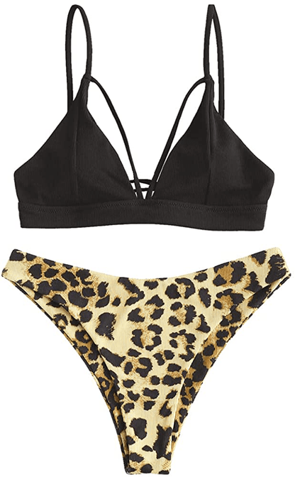 ZAFUL Women's Strappy Lace Up Cut Out High Leg Bikini Set Two Piece Swimsuit Apparel & Accessories > Clothing > Swimwear ZAFUL C-black Small 