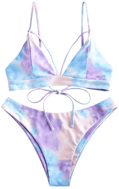 ZAFUL Women's Strappy Lace Up Cut Out High Leg Bikini Set Two Piece Swimsuit Apparel & Accessories > Clothing > Swimwear ZAFUL A-tie Dye Medium 