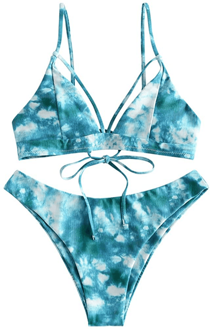 ZAFUL Women's Strappy Lace Up Cut Out High Leg Bikini Set Two Piece Swimsuit Apparel & Accessories > Clothing > Swimwear ZAFUL A-tie Dye3 Small 