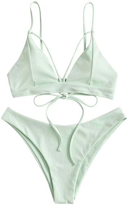 ZAFUL Women's Strappy Lace Up Cut Out High Leg Bikini Set Two Piece Swimsuit Apparel & Accessories > Clothing > Swimwear ZAFUL G-mint Green Large 