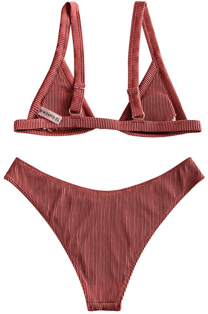 ZAFUL Women's Straps Textured Ribbed Front Closure High Cut Bikini Set Swimsuit Apparel & Accessories > Clothing > Swimwear ZAFUL   