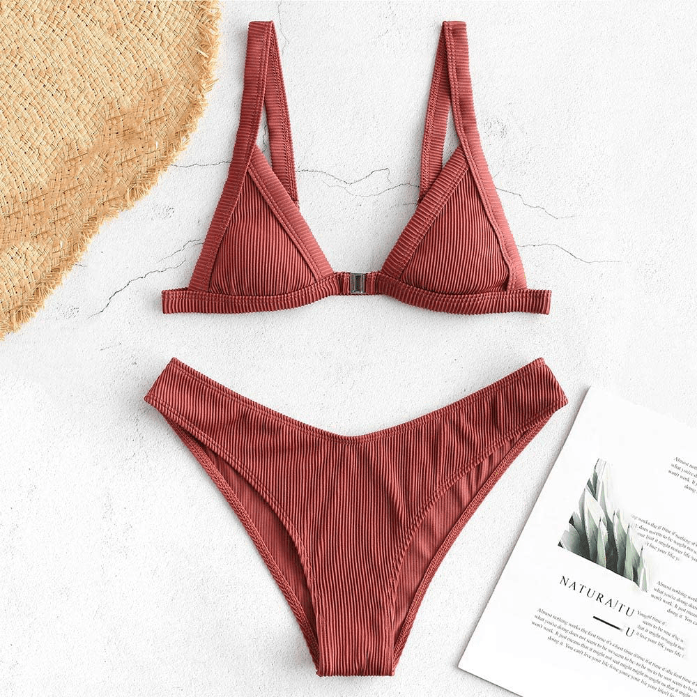 ZAFUL Women's Straps Textured Ribbed Front Closure High Cut Bikini Set Swimsuit Apparel & Accessories > Clothing > Swimwear ZAFUL   