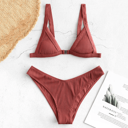ZAFUL Women's Straps Textured Ribbed Front Closure High Cut Bikini Set Swimsuit Apparel & Accessories > Clothing > Swimwear ZAFUL   