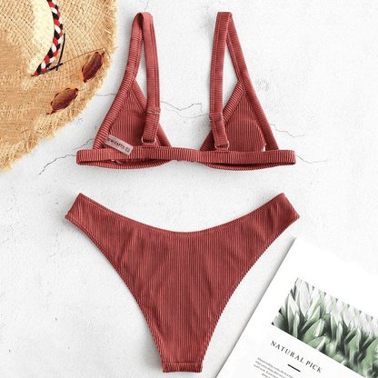 ZAFUL Women's Straps Textured Ribbed Front Closure High Cut Bikini Set Swimsuit Apparel & Accessories > Clothing > Swimwear ZAFUL   