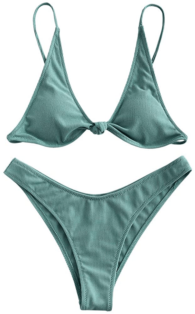 ZAFUL Women's Straps Textured Ribbed Front Closure High Cut Bikini Set Swimsuit Apparel & Accessories > Clothing > Swimwear ZAFUL M-sea Green Medium 