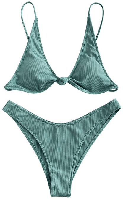 ZAFUL Women's Straps Textured Ribbed Front Closure High Cut Bikini Set Swimsuit Apparel & Accessories > Clothing > Swimwear ZAFUL M-sea Green Medium 