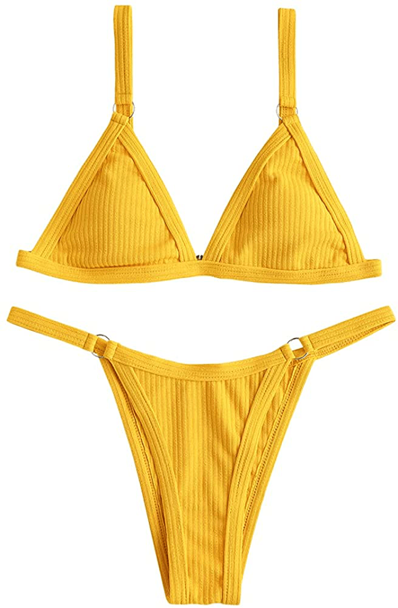 ZAFUL Women's Straps Textured Ribbed Front Closure High Cut Bikini Set Swimsuit Apparel & Accessories > Clothing > Swimwear ZAFUL C-yellow Medium 