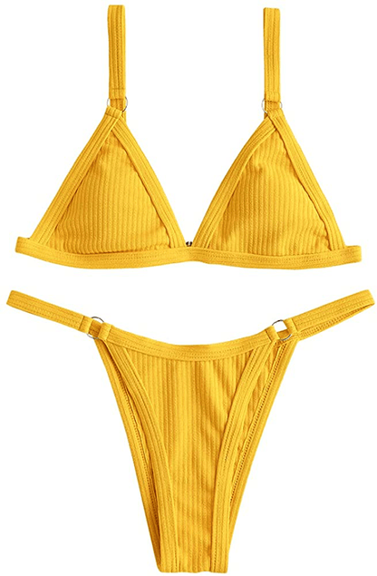 ZAFUL Women's Straps Textured Ribbed Front Closure High Cut Bikini Set Swimsuit Apparel & Accessories > Clothing > Swimwear ZAFUL C-yellow Medium 
