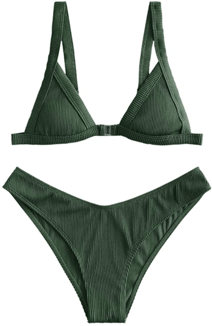 ZAFUL Women's Straps Textured Ribbed Front Closure High Cut Bikini Set Swimsuit Apparel & Accessories > Clothing > Swimwear ZAFUL L-forest Green Large 