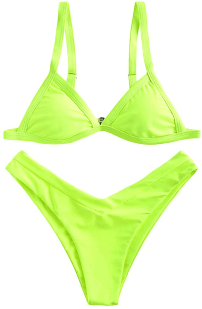 ZAFUL Women's Straps Textured Ribbed Front Closure High Cut Bikini Set Swimsuit Apparel & Accessories > Clothing > Swimwear ZAFUL Zc-green Yellow Small 
