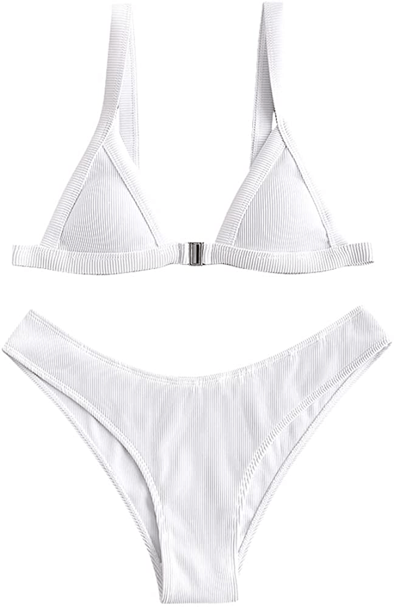 ZAFUL Women's Straps Textured Ribbed Front Closure High Cut Bikini Set Swimsuit Apparel & Accessories > Clothing > Swimwear ZAFUL L-white Medium 