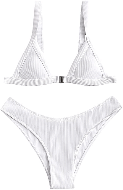 ZAFUL Women's Straps Textured Ribbed Front Closure High Cut Bikini Set Swimsuit Apparel & Accessories > Clothing > Swimwear ZAFUL L-white Medium 