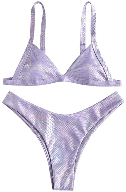 ZAFUL Women's Straps Textured Ribbed Front Closure High Cut Bikini Set Swimsuit Apparel & Accessories > Clothing > Swimwear ZAFUL Metallic-light Purple Medium 