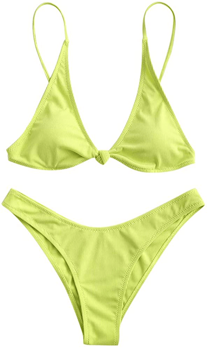 ZAFUL Women's Straps Textured Ribbed Front Closure High Cut Bikini Set Swimsuit Apparel & Accessories > Clothing > Swimwear ZAFUL M-green Large 