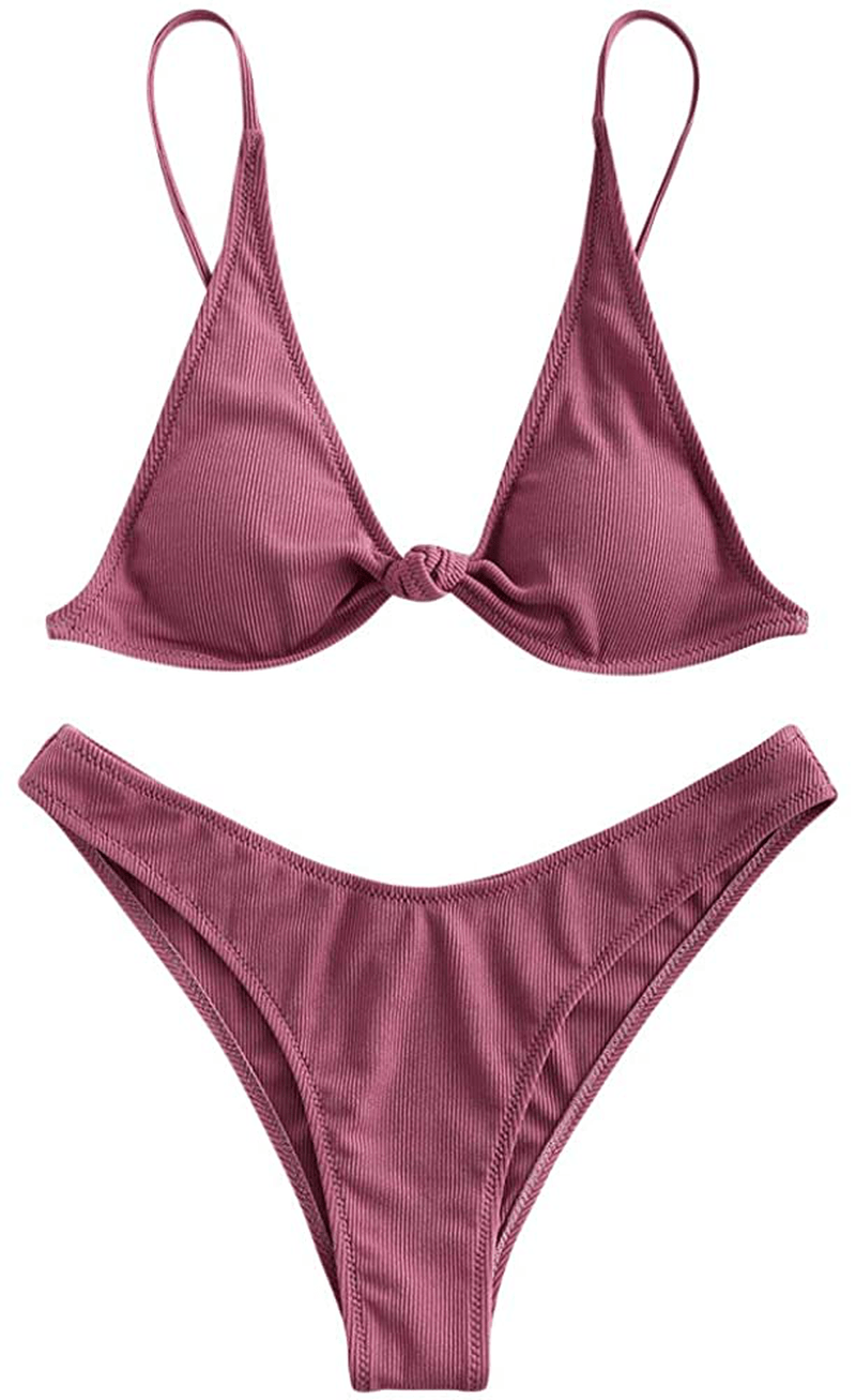 ZAFUL Women's Straps Textured Ribbed Front Closure High Cut Bikini Set Swimsuit Apparel & Accessories > Clothing > Swimwear ZAFUL M-violet Red Small 