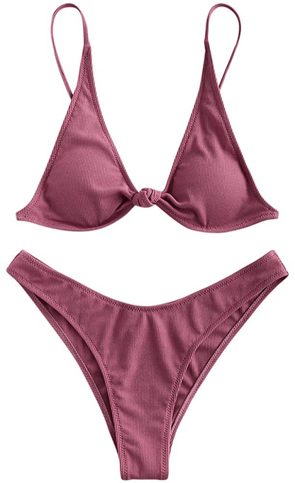 ZAFUL Women's Straps Textured Ribbed Front Closure High Cut Bikini Set Swimsuit Apparel & Accessories > Clothing > Swimwear ZAFUL M-violet Red Small 
