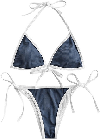 ZAFUL Women's Straps Textured Ribbed Front Closure High Cut Bikini Set Swimsuit Apparel & Accessories > Clothing > Swimwear ZAFUL B-deep Blue Large 