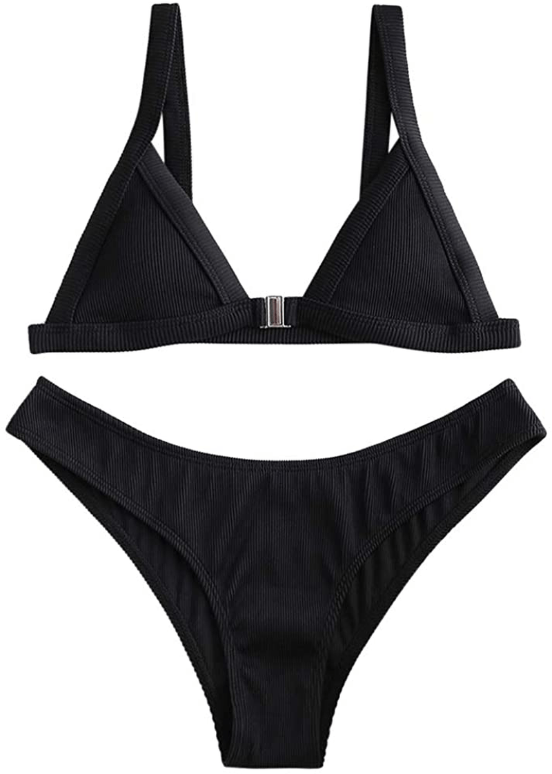 ZAFUL Women's Straps Textured Ribbed Front Closure High Cut Bikini Set Swimsuit Apparel & Accessories > Clothing > Swimwear ZAFUL Black Large 