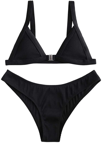 ZAFUL Women's Straps Textured Ribbed Front Closure High Cut Bikini Set Swimsuit Apparel & Accessories > Clothing > Swimwear ZAFUL Black Large 