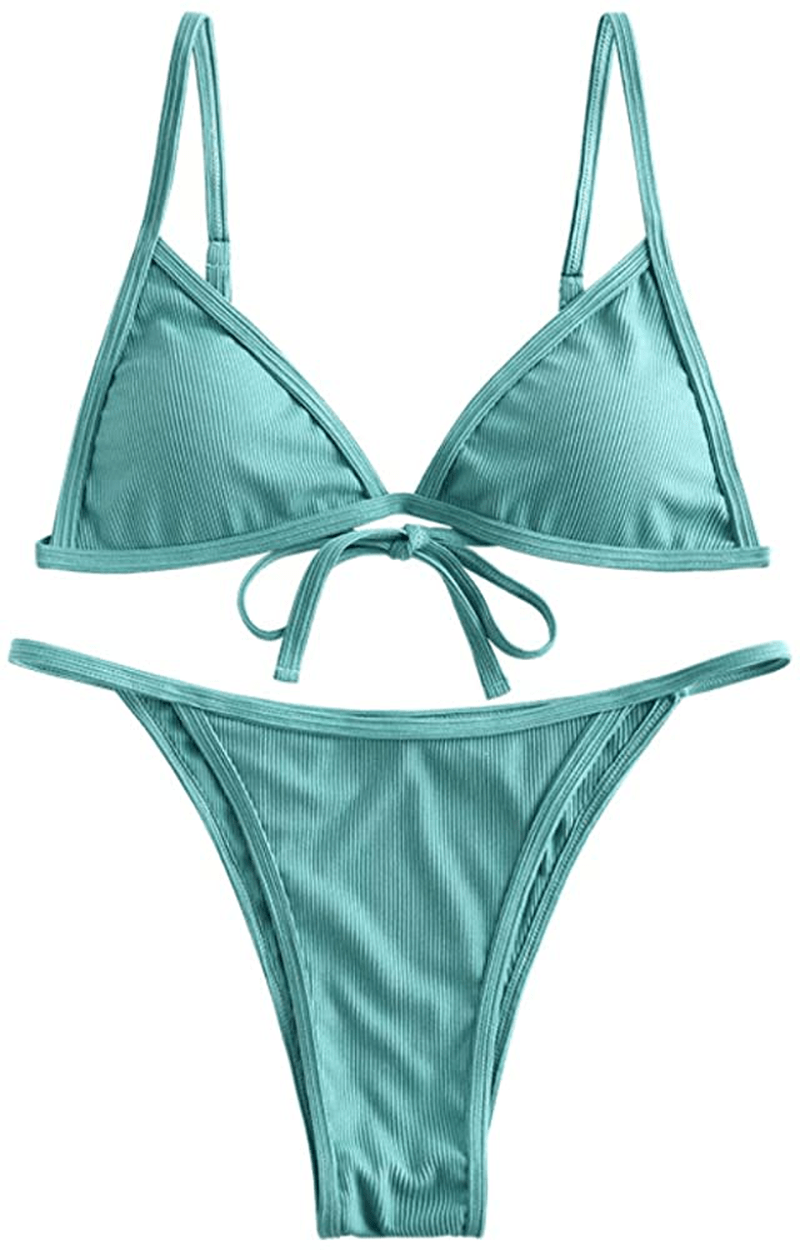 ZAFUL Women's Straps Textured Ribbed Front Closure High Cut Bikini Set Swimsuit Apparel & Accessories > Clothing > Swimwear ZAFUL O-medium Aquamarine Large 