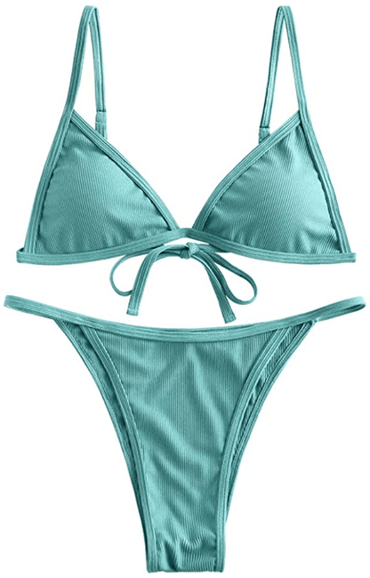 ZAFUL Women's Straps Textured Ribbed Front Closure High Cut Bikini Set Swimsuit Apparel & Accessories > Clothing > Swimwear ZAFUL O-medium Aquamarine Large 