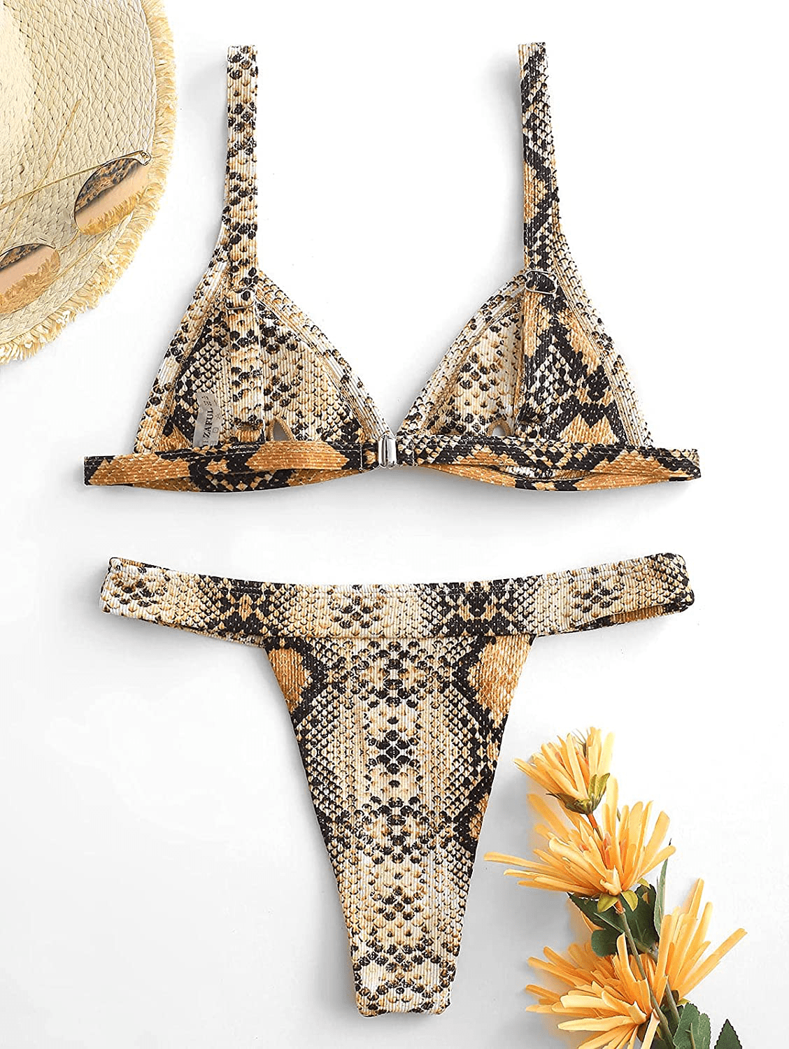 ZAFUL Women's Straps Textured Ribbed Front Closure High Cut Bikini Set Swimsuit Apparel & Accessories > Clothing > Swimwear ZAFUL   