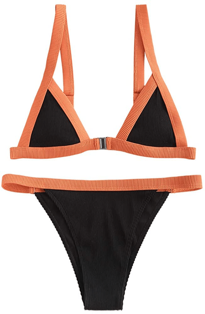ZAFUL Women's Straps Textured Ribbed Front Closure High Cut Bikini Set Swimsuit Apparel & Accessories > Clothing > Swimwear ZAFUL Binding-black Large 