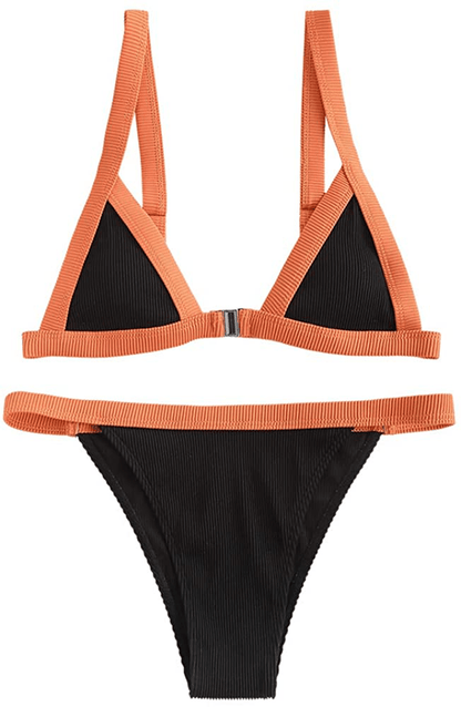 ZAFUL Women's Straps Textured Ribbed Front Closure High Cut Bikini Set Swimsuit Apparel & Accessories > Clothing > Swimwear ZAFUL Binding-black Large 