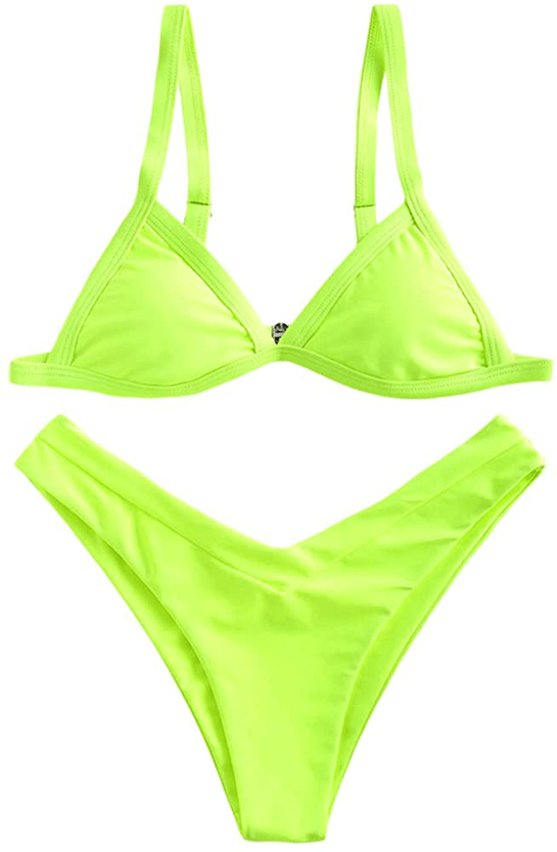 ZAFUL Women's Straps Textured Ribbed Front Closure High Cut Bikini Set Swimsuit Apparel & Accessories > Clothing > Swimwear ZAFUL Zc-green Yellow Small 