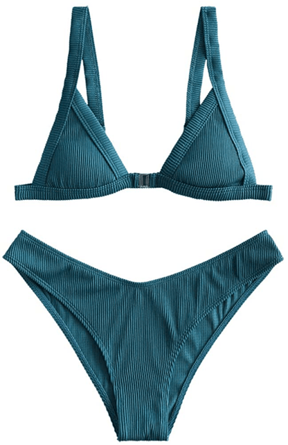 ZAFUL Women's Straps Textured Ribbed Front Closure High Cut Bikini Set Swimsuit Apparel & Accessories > Clothing > Swimwear ZAFUL Peacock Blue Small 