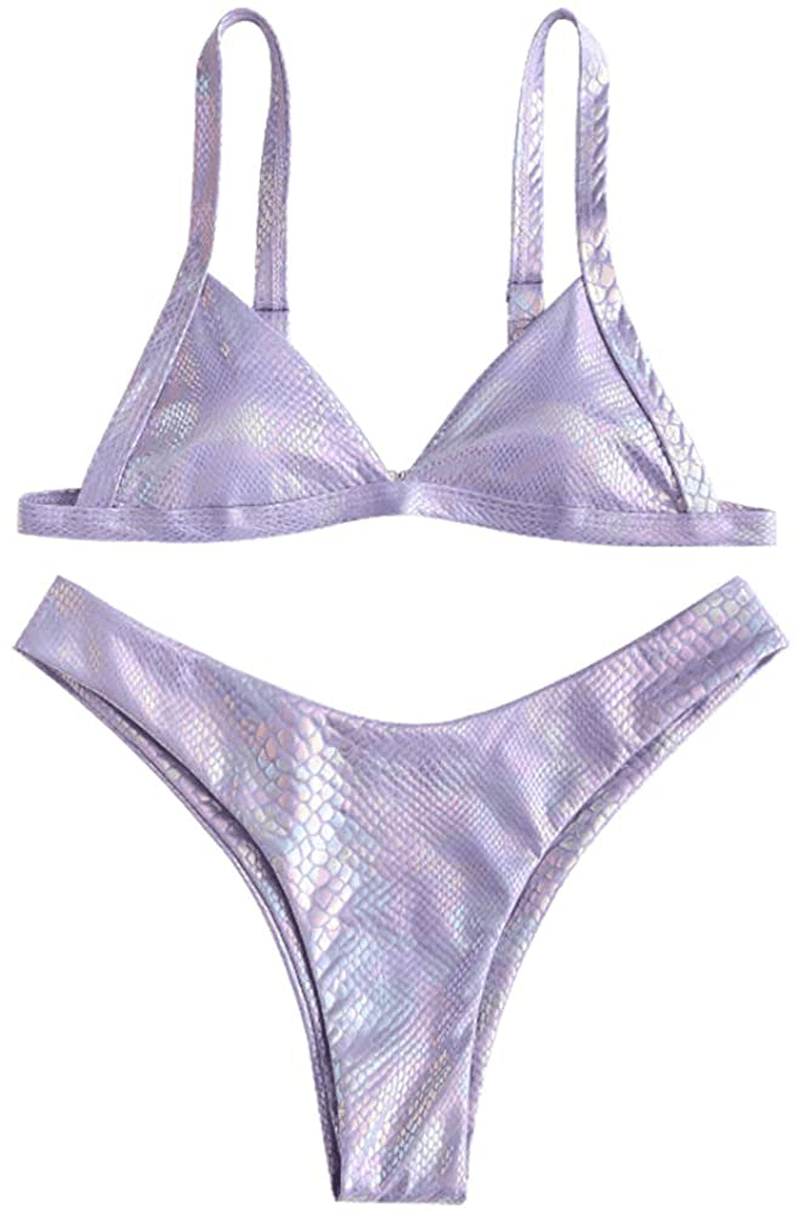 ZAFUL Women's Straps Textured Ribbed Front Closure High Cut Bikini Set Swimsuit Apparel & Accessories > Clothing > Swimwear ZAFUL Metallic-light Purple Medium 