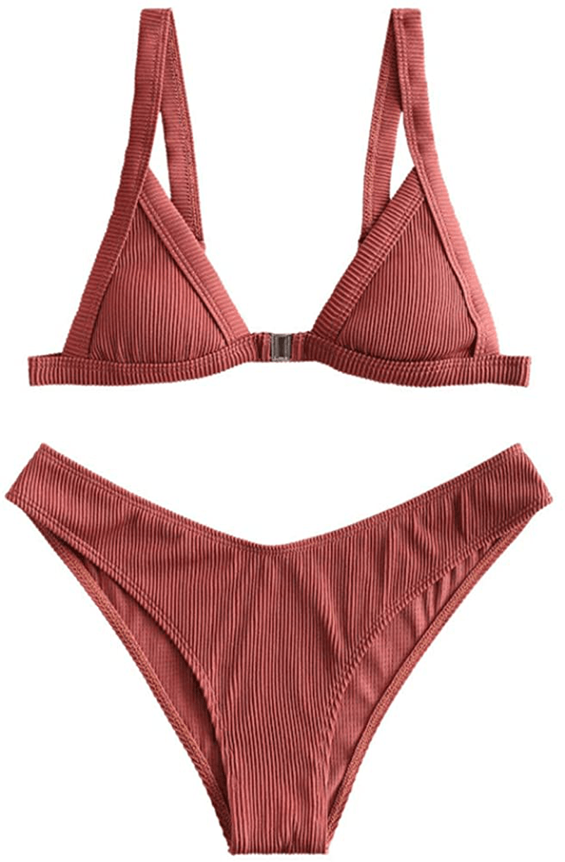 ZAFUL Women's Straps Textured Ribbed Front Closure High Cut Bikini Set Swimsuit Apparel & Accessories > Clothing > Swimwear ZAFUL Sepia Large 