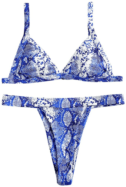 ZAFUL Women's Straps Textured Ribbed Front Closure High Cut Bikini Set Swimsuit Apparel & Accessories > Clothing > Swimwear ZAFUL A-blueberry Blue Medium 