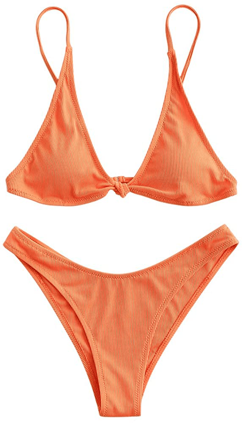 ZAFUL Women's Straps Textured Ribbed Front Closure High Cut Bikini Set Swimsuit Apparel & Accessories > Clothing > Swimwear ZAFUL M-dark Orange Medium 