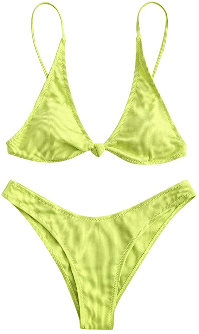 ZAFUL Women's Straps Textured Ribbed Front Closure High Cut Bikini Set Swimsuit Apparel & Accessories > Clothing > Swimwear ZAFUL M-green Large 